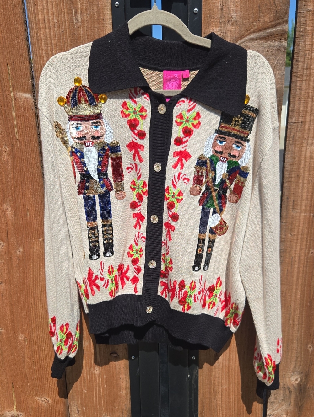 Queen Of Sparkles Beige Nutcracker Sequin Cardigan Sweater with Black Trim Sz S